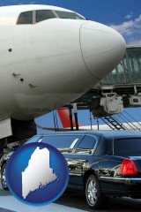 maine map icon and an airport limousine and a jetliner at an airport