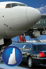 new-hampshire map icon and an airport limousine and a jetliner at an airport