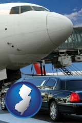 new-jersey map icon and an airport limousine and a jetliner at an airport