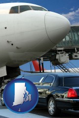 rhode-island map icon and an airport limousine and a jetliner at an airport