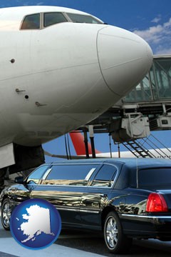 an airport limousine and a jetliner at an airport - with Alaska icon