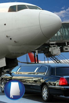 an airport limousine and a jetliner at an airport - with Alabama icon