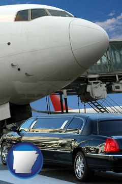 an airport limousine and a jetliner at an airport - with Arkansas icon