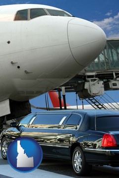 an airport limousine and a jetliner at an airport - with Idaho icon