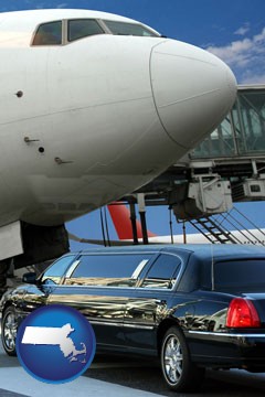 an airport limousine and a jetliner at an airport - with Massachusetts icon