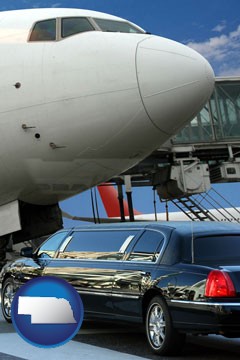 an airport limousine and a jetliner at an airport - with Nebraska icon