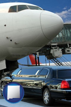 an airport limousine and a jetliner at an airport - with New Mexico icon