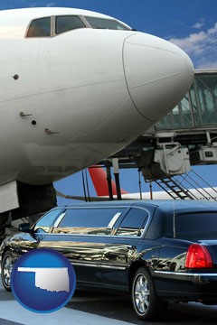 an airport limousine and a jetliner at an airport - with Oklahoma icon