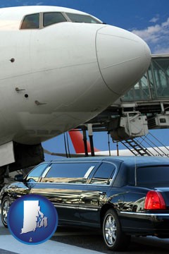 an airport limousine and a jetliner at an airport - with Rhode Island icon