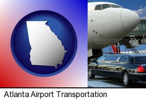 Atlanta, Georgia - an airport limousine and a jetliner at an airport