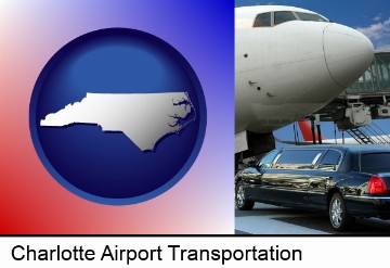 an airport limousine and a jetliner at an airport in Charlotte, NC