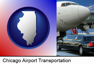 an airport limousine and a jetliner at an airport in Chicago, IL