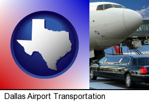 an airport limousine and a jetliner at an airport in Dallas, TX