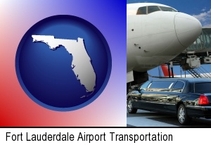 an airport limousine and a jetliner at an airport in Fort Lauderdale, FL