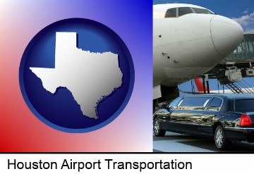 an airport limousine and a jetliner at an airport in Houston, TX