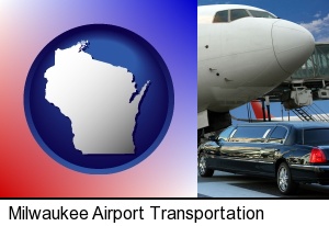 an airport limousine and a jetliner at an airport in Milwaukee, WI