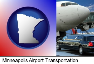 Minneapolis, Minnesota - an airport limousine and a jetliner at an airport