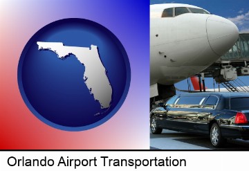 an airport limousine and a jetliner at an airport in Orlando, FL