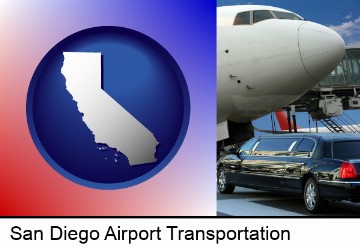 an airport limousine and a jetliner at an airport in San Diego, CA