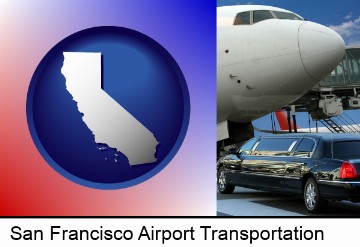 an airport limousine and a jetliner at an airport in San Francisco, CA
