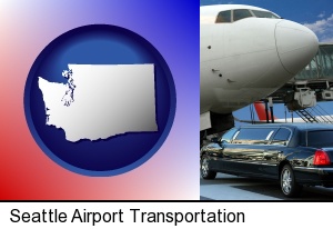 Seattle, Washington - an airport limousine and a jetliner at an airport