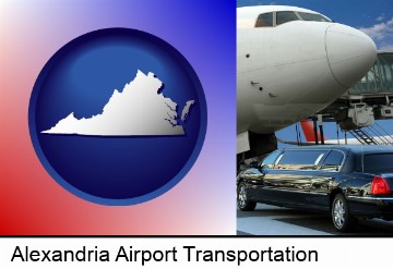 an airport limousine and a jetliner at an airport in Alexandria, VA