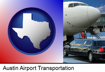 an airport limousine and a jetliner at an airport in Austin, TX