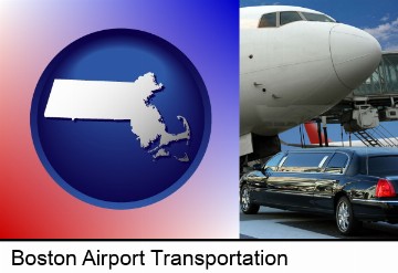 an airport limousine and a jetliner at an airport in Boston, MA