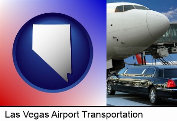 an airport limousine and a jetliner at an airport in Las Vegas, NV