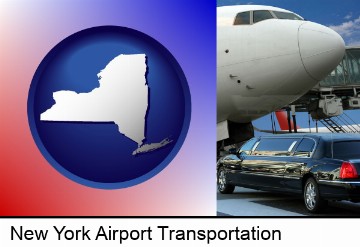 an airport limousine and a jetliner at an airport in New York, NY