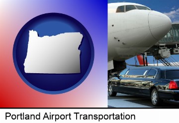 an airport limousine and a jetliner at an airport in Portland, OR