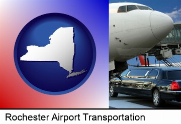 an airport limousine and a jetliner at an airport in Rochester, NY