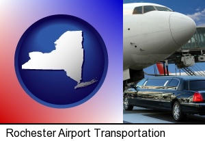 Rochester, New York - an airport limousine and a jetliner at an airport