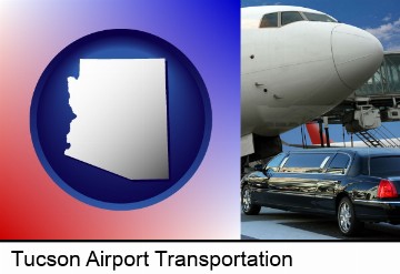 an airport limousine and a jetliner at an airport in Tucson, AZ